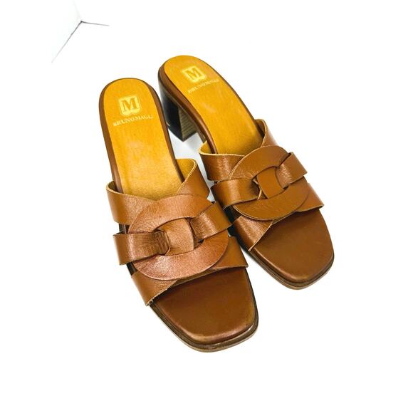 Bruno Magli Retro Classic Leather in Rich Cognac  Block Heel Slide Sandals 40 - Picture 5 of 9